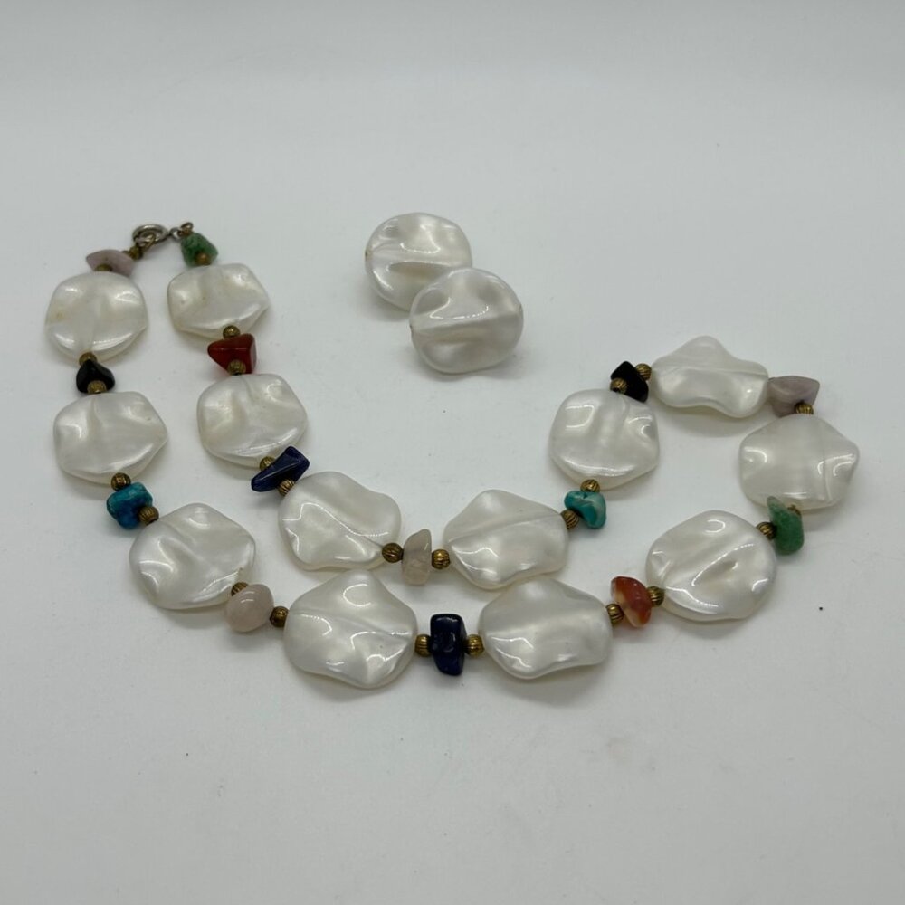 Vintage Acrylic Beaded Necklace Earrings White With Colorful Accents Plastic Set